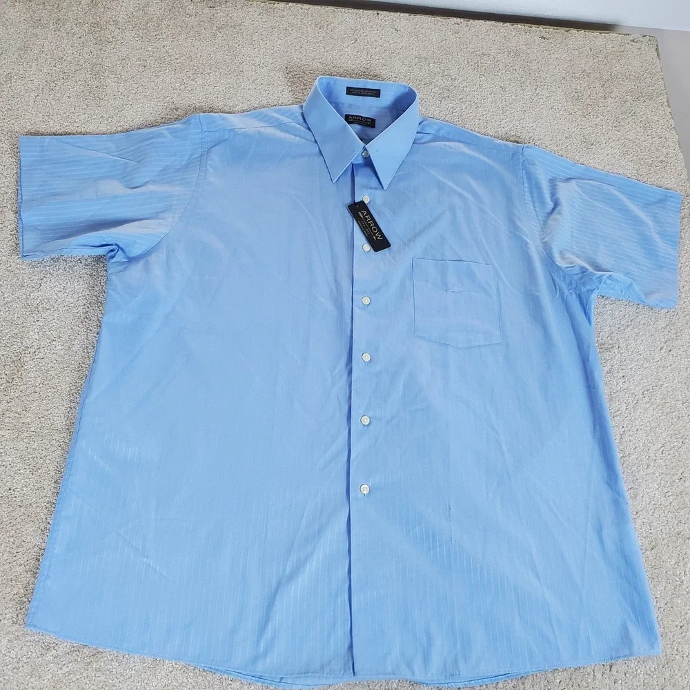 Arrow Men's Button Up Shirt 17 17.5 XL Blue Subtle Stripe Wrinkle‎ Free